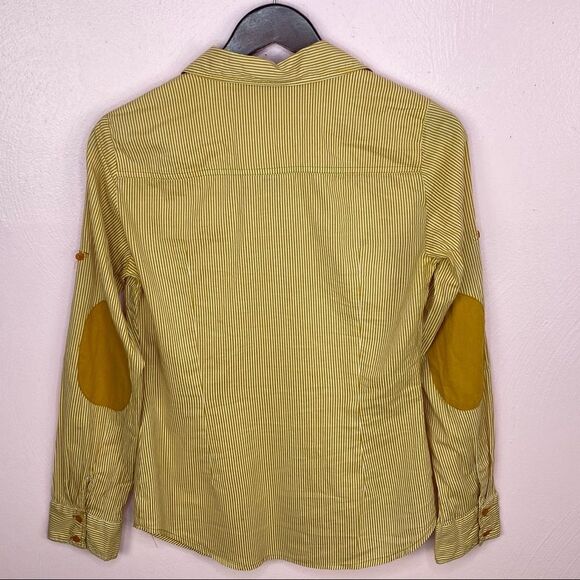 Zara TRF Button Front Shirt Striped Elbow Patches Medium Yellow White Oxford - Picture 8 of 9
